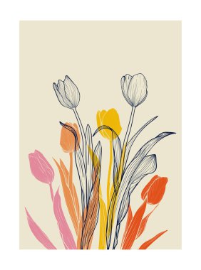 A4 el çizimi lale çizimi. Çizgi sanatı olan vektör grafik kaynak ve sıcak kırmızı ve sarı renk paletinde düz laleler. Bahar çiçekli zarif duvar sanatı. 