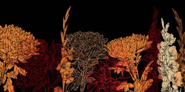 Soyut sanat arka plan vektörü. Çizgili sanat kasımpatı, gladiolus, celosia ve botanik yaprakları olan güzel bir sonbahar duvar kağıdı. Siyah üzerine çiçekler. Pankart, poster ve internet için botanik illüstrasyon. 