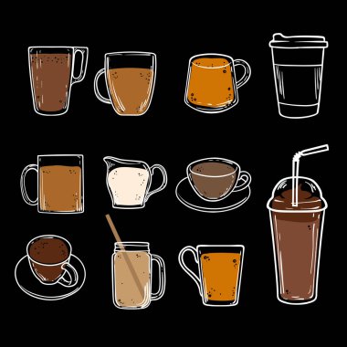 Fincanlar ve fincanlar içinde kahve bardakları. Kahve çekirdeklerinden yapılan içeceklere enerji vermenin basit bir taslağı. Kahve fincanı ve kavanoz. Cappuccino için süt bardağı.