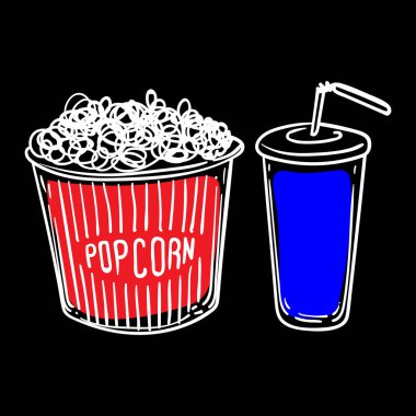 Patlamış mısır kovası ve pipetli plastik soda bardağı. Mısırdan yapılmış film aperatiflerinin ana hatları. Çevrimiçi ve yazdırma projeleri için vektör illüstrasyonu. 