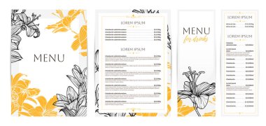 Zarif yemek ve içecekler menü tasarımları. Restoran menü şablonu. Yazdırma ve çevrimiçi kullanım için yüksek kaliteli çiçekleri olan güzel bir A4 formatı. Doymuş el çizimi sanat kaplan zambağı çizimleri.