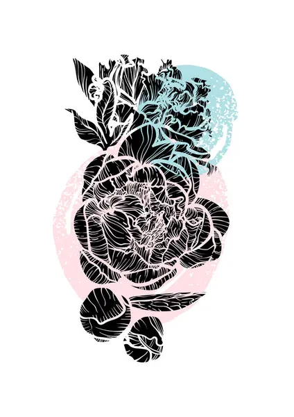 A4, A3, Peony buket vektör el çizimi. Zarif siyah çiçekli sanat baskısı. Çevrimiçi ve yazdırmak için oldukça detaylı ve yüksek kalitede grafiksel varlık. Satır yok sadece doldur.