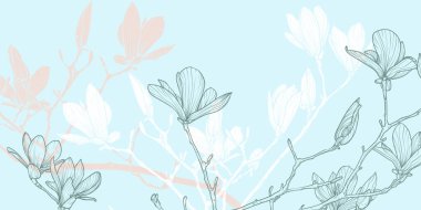 Çiçek ve yaprak çizgisi olan soyut mavi arkaplan. Zarif el çizimi çerçeve, sınır. Kart, pankart, davetiye, reklam ve paketleme tasarımı için vektör illüstrasyonu