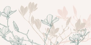 Çiçek ve yaprakların pastel çizgisi sanatıyla soyut bir bej arkaplan. Zarif el çizimi çerçeve, sınır. Kart, pankart, davetiye, reklam ve paketleme tasarımı için vektör illüstrasyonu