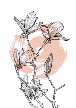 A4, A3 pembe manolya çizgili el çizimi resim çizimi. Bej çizim işaretinin üzerinde bahar çiçeği olan sanat baskısı. Çevrimiçi ve yazdırma için son derece detaylı ve yüksek kalitede grafik değeri.