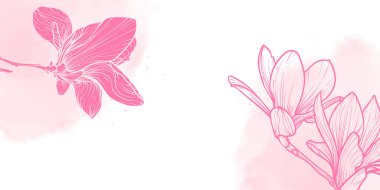 Çiçek ve yapraklardan oluşan pembe çizgili siklamen çiçekli soyut bir arkaplan. El yapımı manolya suluboya çerçeve, sınır. Kart, pankart, davetiye, reklam ve paketlemenin vektör tasarımı