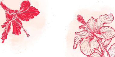 Çiçek ve yaprakların kırmızı çizgisi olan soyut çiçek arkaplanı. El çizimi Hibiscus suluboya çerçeve, sınır. Kart, pankart, davetiye, reklam ve paketlemenin vektör tasarımı