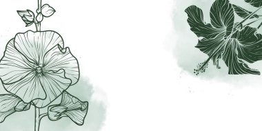 Çiçek ve yaprakların yeşil çizgili olduğu soyut çiçek arkaplanı. El çizimi Hibiscus suluboya çerçeve, sınır. Kart, pankart, davetiye, reklam ve paketlemenin vektör tasarımı