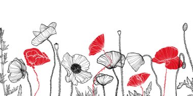 Kırmızı ve siyah çizgili gelincik çiçeği ve yaprak sanatıyla soyut çiçek arkaplanı. El yapımı gelincikler çiçek arka planı ve desen çerçevesi. Kart, pankart, davet ve paketlemenin vektör tasarımı