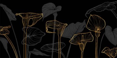 Kalla zambağı çiçek ve yapraklarının altın çizgili sanatıyla süslü çiçek arkaplanı. El çizimi Calla çiçekleri arka plan ve şablon çerçevesi. Kart, pankart, davet ve paketlemenin vektör tasarımı