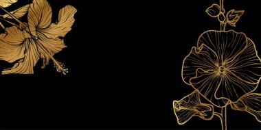 Çiçek ve yaprakların altın çizgisi olan soyut çiçek arkaplanı. El çizimi Hibiscus lüks altın çerçeve, sınır. Kart, pankart, davetiye, reklam ve ambalaj tasarımı