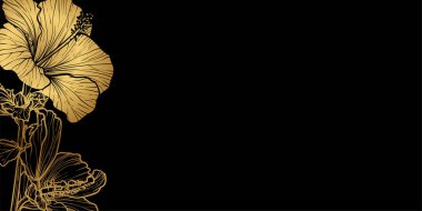 Soyut çiçek arkaplanı ve çizgi halinde çiçek ve yapraklar. El yapımı altın kaplama, lüks amberçiçeği çerçevesi, sınır. Kart, pankart, davetiye, reklam ve paketlemenin vektör tasarımı