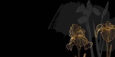 Altın zambak çiçekleri ve yaprakları olan soyut çiçek arkaplanı. Çizim çerçeveli el çizimi sanat iris 'i, sınır. Kart, pankart, davetiye, reklam ve paketlemenin vektör tasarımı