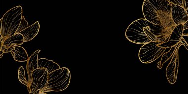 Çiçek ve yaprakların altın çizgisi olan soyut çiçek arkaplanı. Manolya el yapımı çerçeve, sınır. Kart, pankart, davetiye, reklam ve paketleme tasarımı için vektör illüstrasyonu