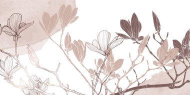 Gül sarısı, bej çizgili çiçek ve yapraklardan oluşan soyut bir pankart. Lüks el yapımı arka plan. Kart tasarımı, afiş, davet, reklam ve paketleme için vektör illüstrasyonu