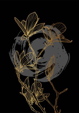 A4 altın manolya çizgili el çizimi çizimi. Koyu gri bir çizim izinin üzerinde bahar çiçeği olan sanat baskısı. Çevrimiçi ve yazdırma için son derece detaylı ve yüksek kalitede grafik değeri.