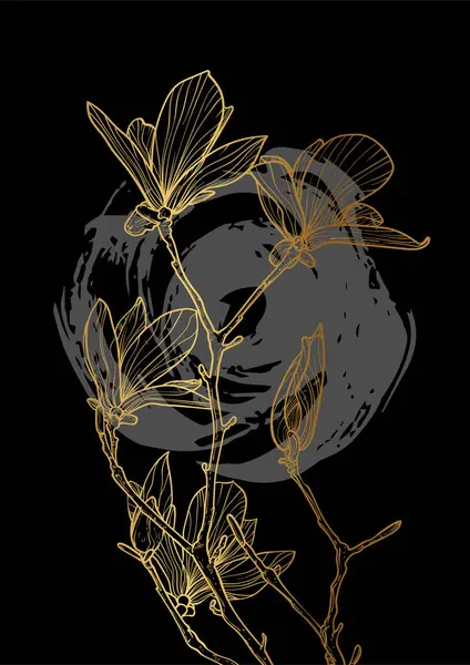 A4 altın manolya çizgili el çizimi çizimi. Koyu gri bir çizim izinin üzerinde bahar çiçeği olan sanat baskısı. Çevrimiçi ve yazdırma için son derece detaylı ve yüksek kalitede grafik değeri.