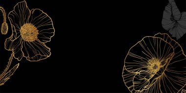 Çiçek ve yaprakların altın çizgisi olan soyut çiçek arkaplanı. El yapımı haşhaş çiçekleri çerçevesi, sınır. Kart, pankart, davetiye, reklam ve paketlemenin vektör tasarımı