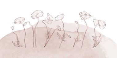 Çiçek ve yaprakların siyah çizgili olduğu soyut çiçek arkaplanı. El yapımı haşhaş suluboya arka plan. Kart, pankart, davetiye, reklam ve paketlemenin vektör tasarımı