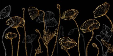 Haşhaş çiçekleri ve yaprakların altın çizgisi olan soyut çiçek arkaplanı. El yapımı haşhaş arka plan ve desen. Kart, pankart, davet ve paketlemenin vektör tasarımı