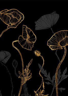 A4 haşhaşlı altın buket taşıyıcı el çizimi. Siyah arka planda zarif altın çiçekli sanat baskısı. Çevrimiçi ve yazdırma için son derece detaylı ve yüksek kalitede grafik değeri. 