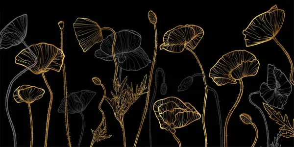 Haşhaş çiçekleri ve yaprakların altın çizgisi olan soyut çiçek arkaplanı. El yapımı haşhaş arka plan ve desen. Kart, pankart, davet ve paketlemenin vektör tasarımı