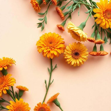 Turuncu Gerbera Çiçeği. Açık arkaplanlı güzel çiçekler. Soyut sarı çiçek arkaplanı. Beyaz arka planda izole edilmiş kadife çiçeği yapraklı çiçek deseni