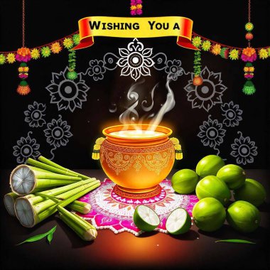 Happy Pongal religious south Indian festival background design  Pongal background  Happy pongal  Happy pongal holiday harvest festival celebration card background Happy Pongal Festival Celebration with Traditional Pot, Sugarcane, and Vibrant Decorat clipart