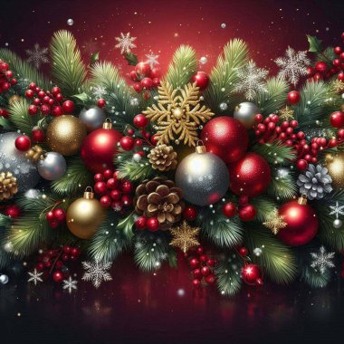 Gradient christmas tinsel background  Realistic background for christmas season celebration with fir and ornaments  Lovely christmas background with realistic design  Christmas ornament colorful balls pine branches with stars on Red wooden background clipart