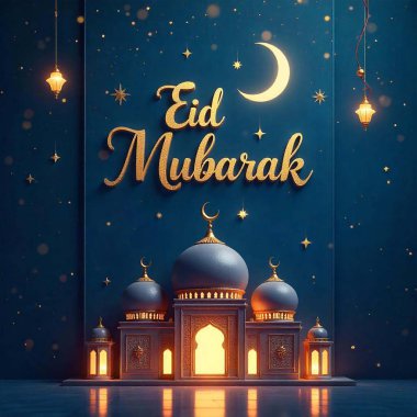 Luxury Eid Mubarak Decorative Background with Crescent, Lanterns, and Elegant Mosque Motifs clipart