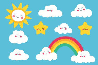Mavi arka planda izole edilmiş, gülümseyen bulutları, yıldızları ve güneş vektörleri olan sevimli bir gökkuşağı.