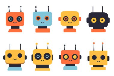 Basit dikdörtgenlerden yapılmış minimalist şirin robot kafaları seti, beyaz üzerine izole edilmiş vektör seti.