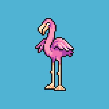 Piksel sanat illüstrasyonu flamingosu. Pikselleşmiş flamingo. Flamingo kuşu piksel resim oyunu için pikselleştirildi ve web sitesi ve video oyunu için simge oluşturuldu. Eski okul retro.