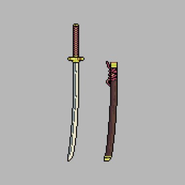 Resim çizimi Katana. Pikselleştirilmiş Katana. Japon Katana Kılıç simgesi piksel resim oyunu ve web sitesi ve video oyunu simgesi için pixelated. Eski okul retro.