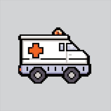 Piksel Resim Ambülansı. Pikselleştirilmiş ambulans. Ambulans minibüsü piksel resim oyunu için piksellendi ve web sitesi ve video oyunu için simge oluşturuldu. Eski okul retro.