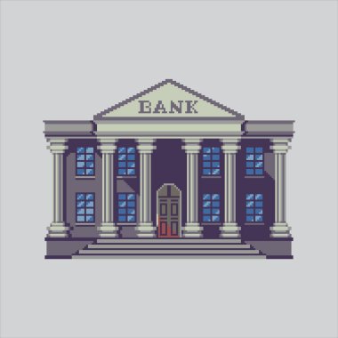 Pixel Sanat İllüstrasyon Bankası. Pixelated Bankası. Money Bank Building piksel resim oyunu için piksel, web sitesi ve video oyunu için ikon olarak belirlendi. Eski okul retro.