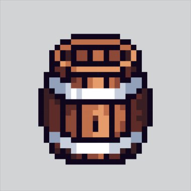 Pixel art illustration Wood steel barrel. Pixelated oil barrel. Wine Barrel icon pixelatedfor the pixel art game and icon for website and video game. old school retro. clipart