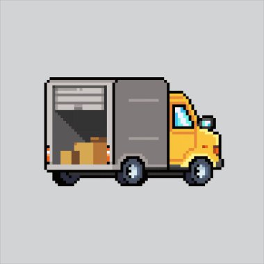 Piksel Resim Çizim Kutusu Kamyonu. Pixelated Truck. Kutu konteyneri kamyonu piksel resim oyunu için piksellendi ve web sitesi ve video oyunu için simge oluşturuldu. Eski okul retro.