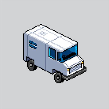 Piksel Resim Çizim Kutusu Kamyonu. Pixelated Truck. Kutu konteyneri kamyonu piksel resim oyunu için piksellendi ve web sitesi ve video oyunu için simge oluşturuldu. Eski okul retro.