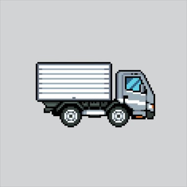 Piksel Resim Çizim Kutusu Kamyonu. Pixelated Truck. Kutu konteyneri kamyonu piksel resim oyunu için piksellendi ve web sitesi ve video oyunu için simge oluşturuldu. Eski okul retro.