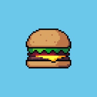 Piksel çizim burgeri. Pikselleştirilmiş hamburger. Piksel sanat oyunu için hamburger abur cuburu web sitesi ve video oyunu için ikon. Eski okul retro.