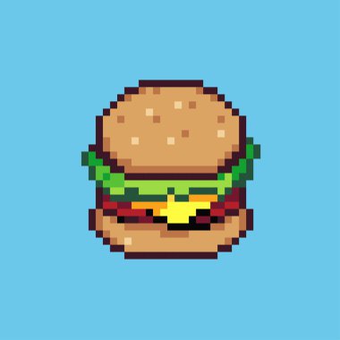 Piksel çizim burgeri. Pikselleştirilmiş hamburger. Piksel sanat oyunu için hamburger abur cuburu web sitesi ve video oyunu için ikon. Eski okul retro.
