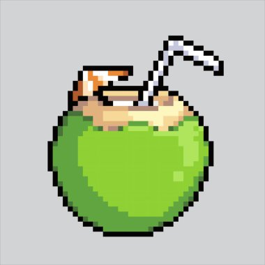 Piksel resim çizimi, hindistan cevizi suyu. Pikselleştirilmiş hindistan cevizi. Coconut Water simgesi piksel resim oyunu için pikselleştirildi ve web sitesi ve video oyunu için simge oluşturuldu. Eski okul retro.