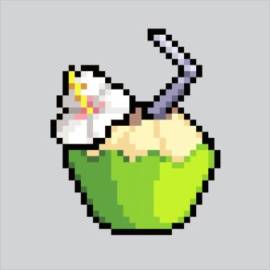 Pixel sanat çizimi hindistan cevizi içeceği. Pixelated hindistan cevizi suyu. Yaz sahili hindistan cevizi içeceği ikonu piksel resim oyunu için piksel resim ve web sitesi ve video oyunu için ikon. Eski okul retro.