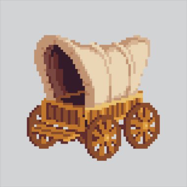 Piksel Sanat Çizimi Kovboy Karavanı. Pixelated Wagon Carriage. Cowboy Caravan Wagon pikseller için pikseller, web sitesi ve video oyunu için ikonlar. Eski okul retro.