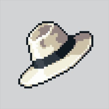 Piksel Sanat Çizimi Moda Şapkası. Pixelated Fashion Hat. Piksel sanat oyunu için kadın moda şapkası, web sitesi ve video oyunu için ikon. Eski okul retro.
