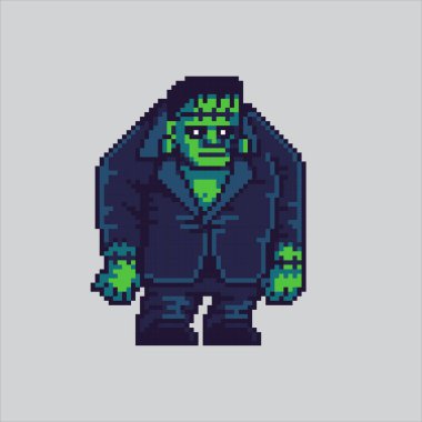 Pixel sanat Frankenstein. Pikselleşmiş Cadılar Bayramı. Piksel resim oyunu için yeşil Frankenstein simgesi web sitesi ve video oyunu için ikon. Eski okul retro.