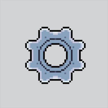 Piksel Resim İmajı Vites simgesi. Pixelated dişli. Piksel resim oyunu için araç ayarları simgesi, web sitesi ve video oyunu için ikon simgesi. Eski okul retro.