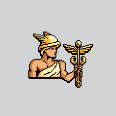 Resim çizimi Hermes Mercury. Pikselleştirilmiş Yunan Hermes. Yunan Mitolojisi Hermes piksel resim oyunu için piksel, web sitesi ve video oyunu için ikon olarak resmedilmiştir. Eski okul retro.