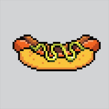 Piksel çizimi Hot Dog. Pixelated Hot Dog Junk Food. Hotdog fast food simgesi piksel resim oyunu için piksellendi ve web sitesi ve video oyunu için simge oluşturuldu. Eski okul retro.
